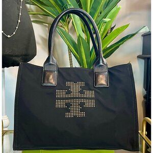 Tory Burch Black Nylon Tote Bag With Leather Handles & Studded Logo
